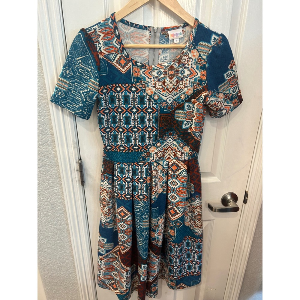 LuLaRoe Nicole Dress Blue Orange Geometric Patchwork Fit Flare Midi Boho S